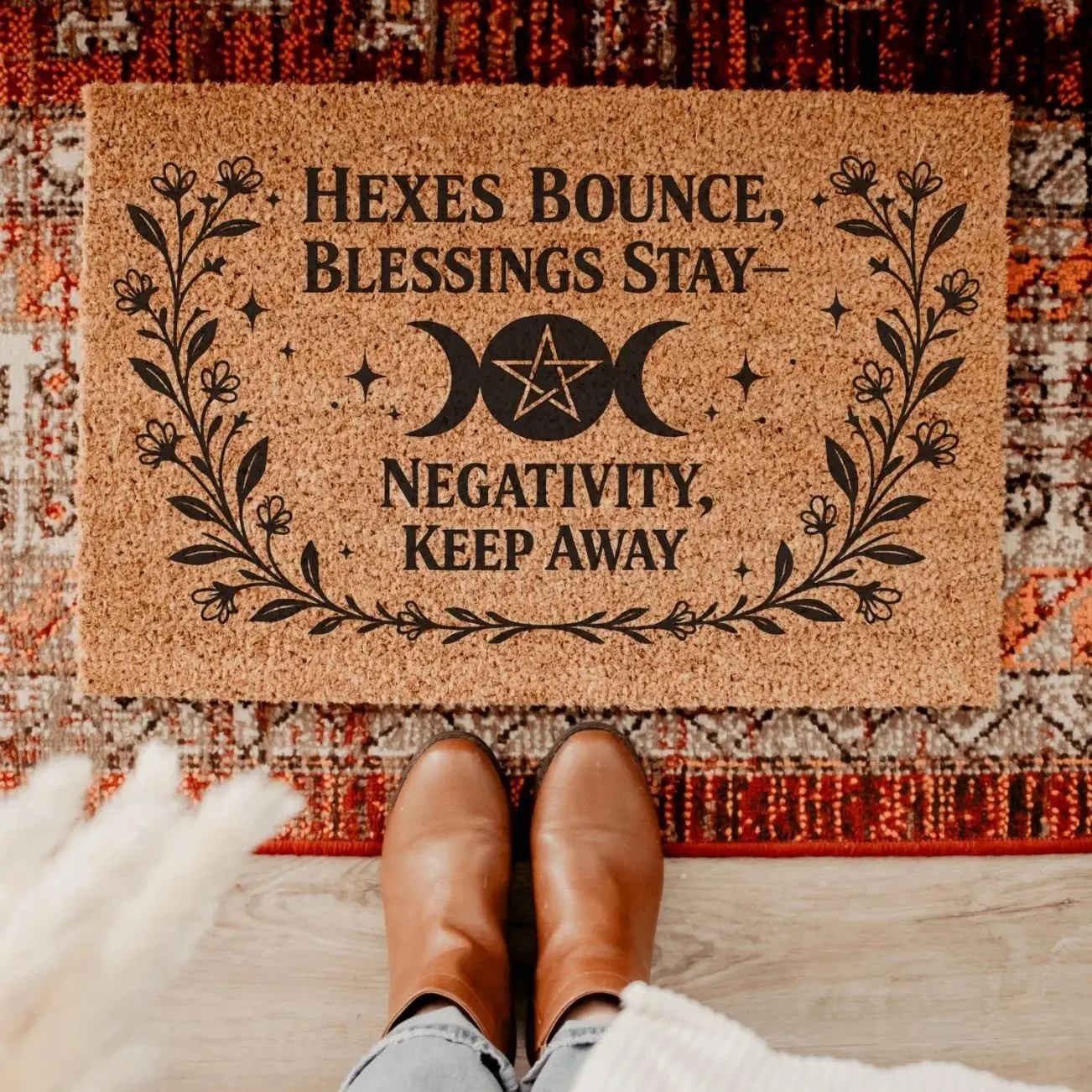 Witchy Triple Moon Doormat, Hexes Bounce Blessings Stay, Gothic Boho Entry Rug