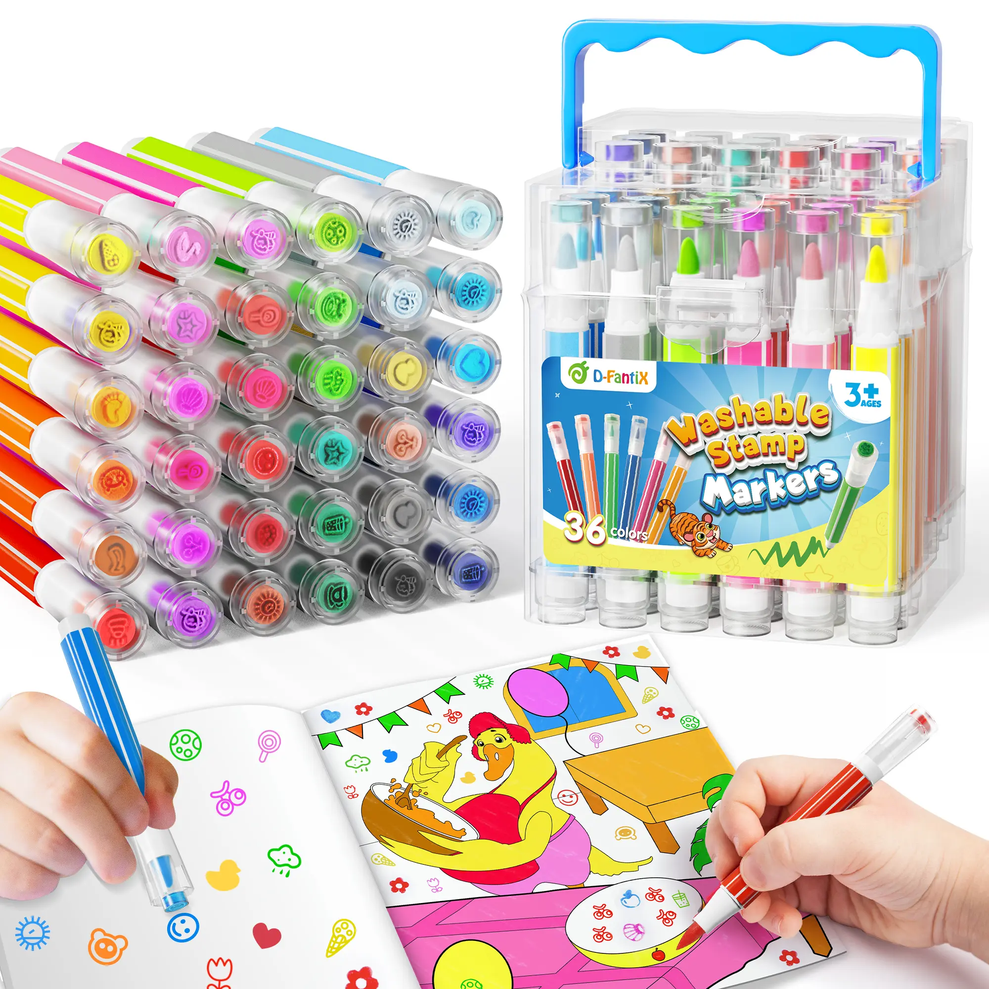 D-FantiX 36-Color Washable Stamp Markers for Kids, with 10-Page Coloring Book & Portable Box, Back to School Supplies Ideal for Road Trips