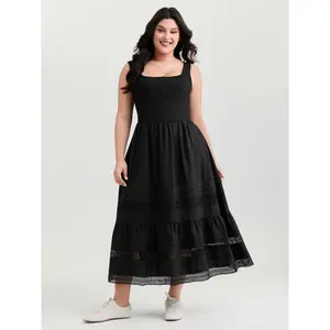 【Summer Turn-Up】BlOOMCHIC plus size Lace Trim Sheer Button Placket Midi Dress [M-6X] 2026 Summer Pick for Mother's Day