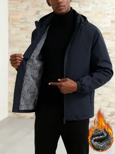 Men's hooded casual Fitted jacket with zipper closure design, Long sleeve, solid color windproof, Soft and warm fleece jacket Coats, Tops, 100% polyester fiber, easy to maintain, suitable for daily outings, leisure, work travel - autumn and winter