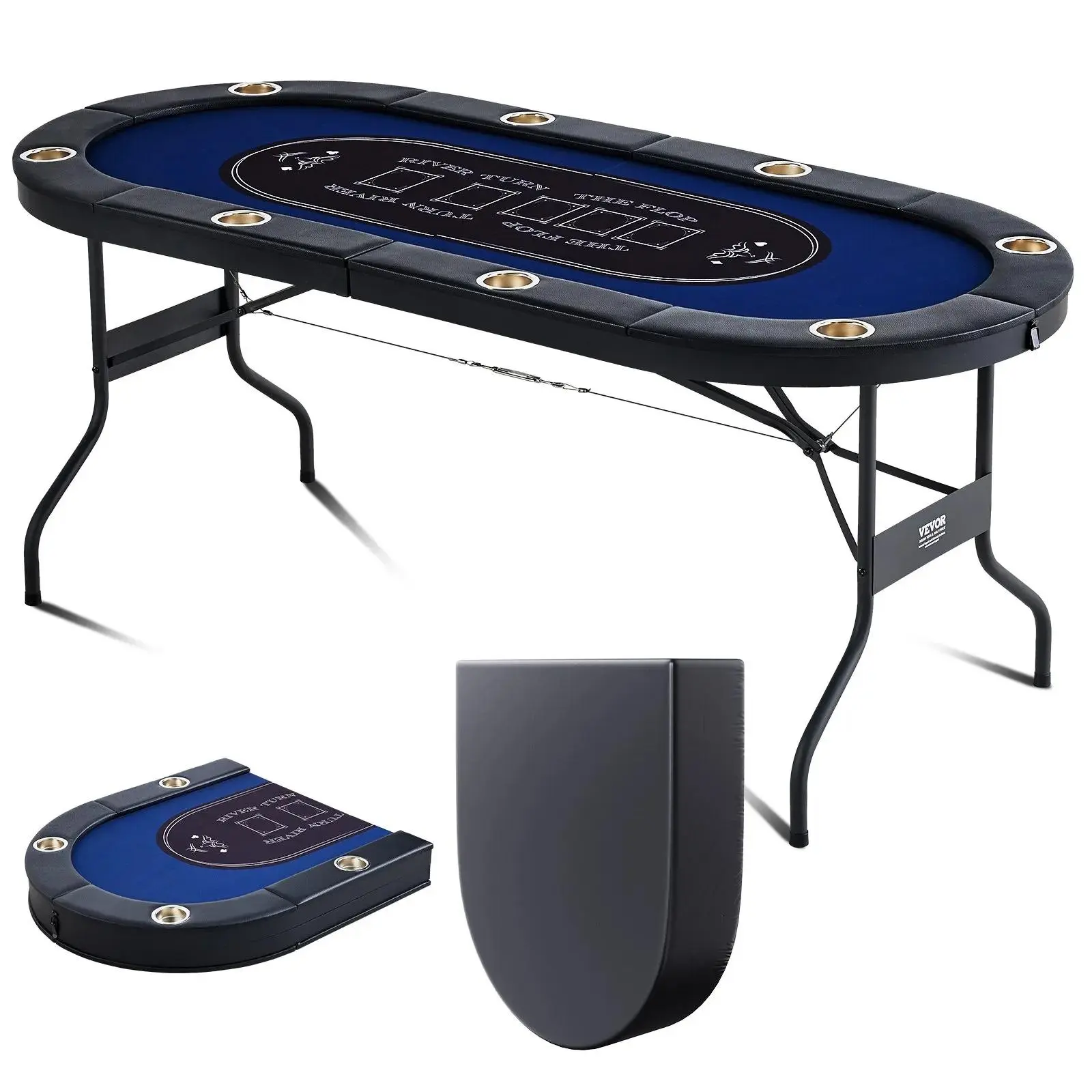 VEVOR 8-Player Foldable 72" Oval Felt Card Game Table - Locks in Folded, Soft Padded Rails, Stable Steel Frame, Waterproof Edge, Stainless Steel Cup Holders, Dust Cover, Portable Casino Leisure Table (Blue)#SohoChic