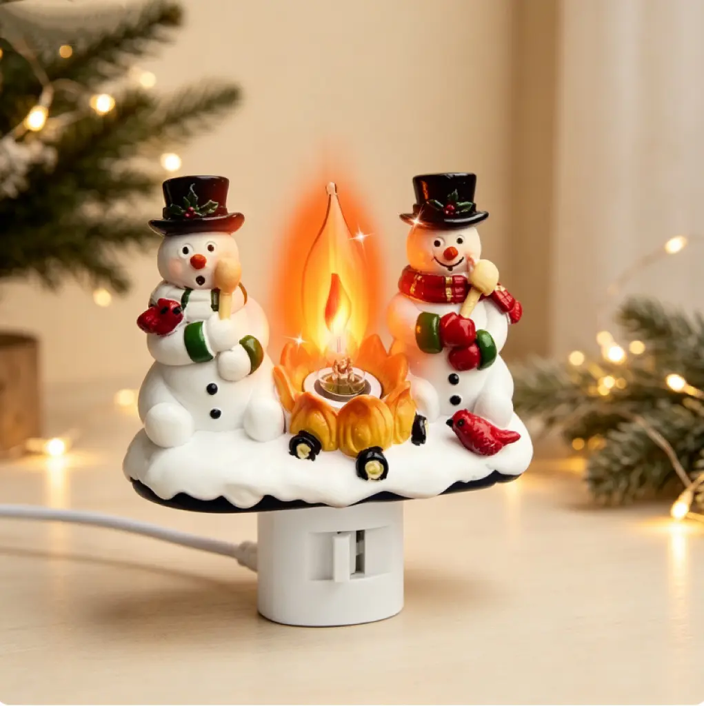 Christmas Decorations，Snowman Campfire Night Light，4 Inch Resin Rotating Plug Christmas Night Light with Flame Flicker Effect, Suitable for Children's Room, Hallway, Living Room