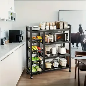 1PCS Kitchen Movable Shelves Floor Multi-layer Storage Rack Dish Rack Microwave Oven Mobile Cabinet Black Kitchen Organizer Vegetables
