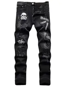 Men's Black Distressed Denim Jeans Skull Print Graffiti Streetwear Slim Fit Pants