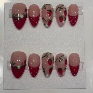 Strawberry Press On Nails - Soft Pink Base with French Tip & Painted Strawberries & White Flowers Glossy Finish Sweet Summery Design
