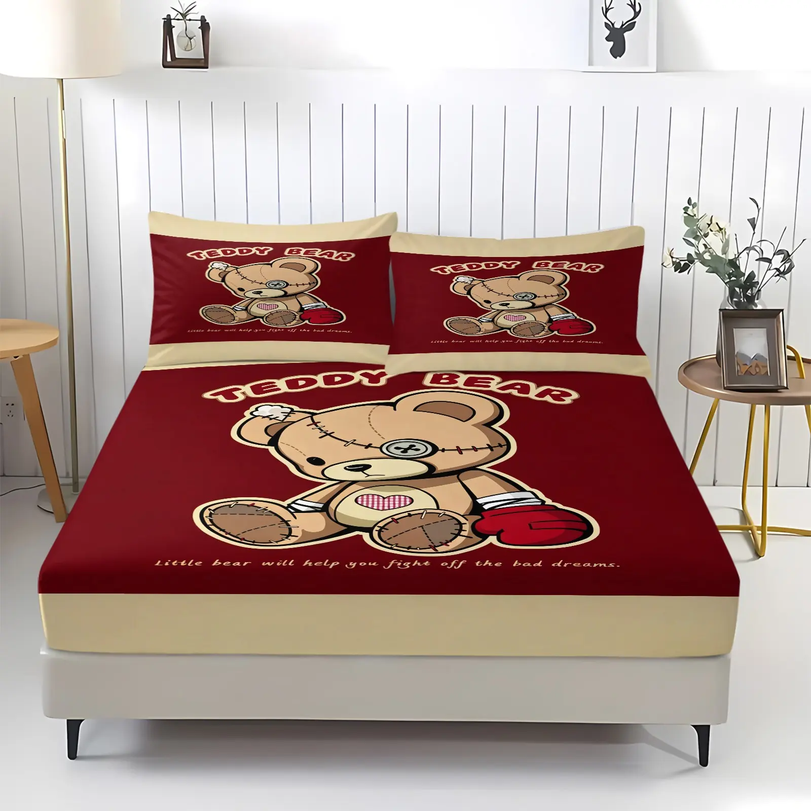 Retro Grunge Style Teddy Bear Fitted Sheet Set, 1 Fitted Sheet with 2 Pillowcases, All-Season Cute Bedding for Bedroom, Dorm & Guest Room, Decor for Teens & Boys, Cute Sheets Decorative Bedsheet Sets