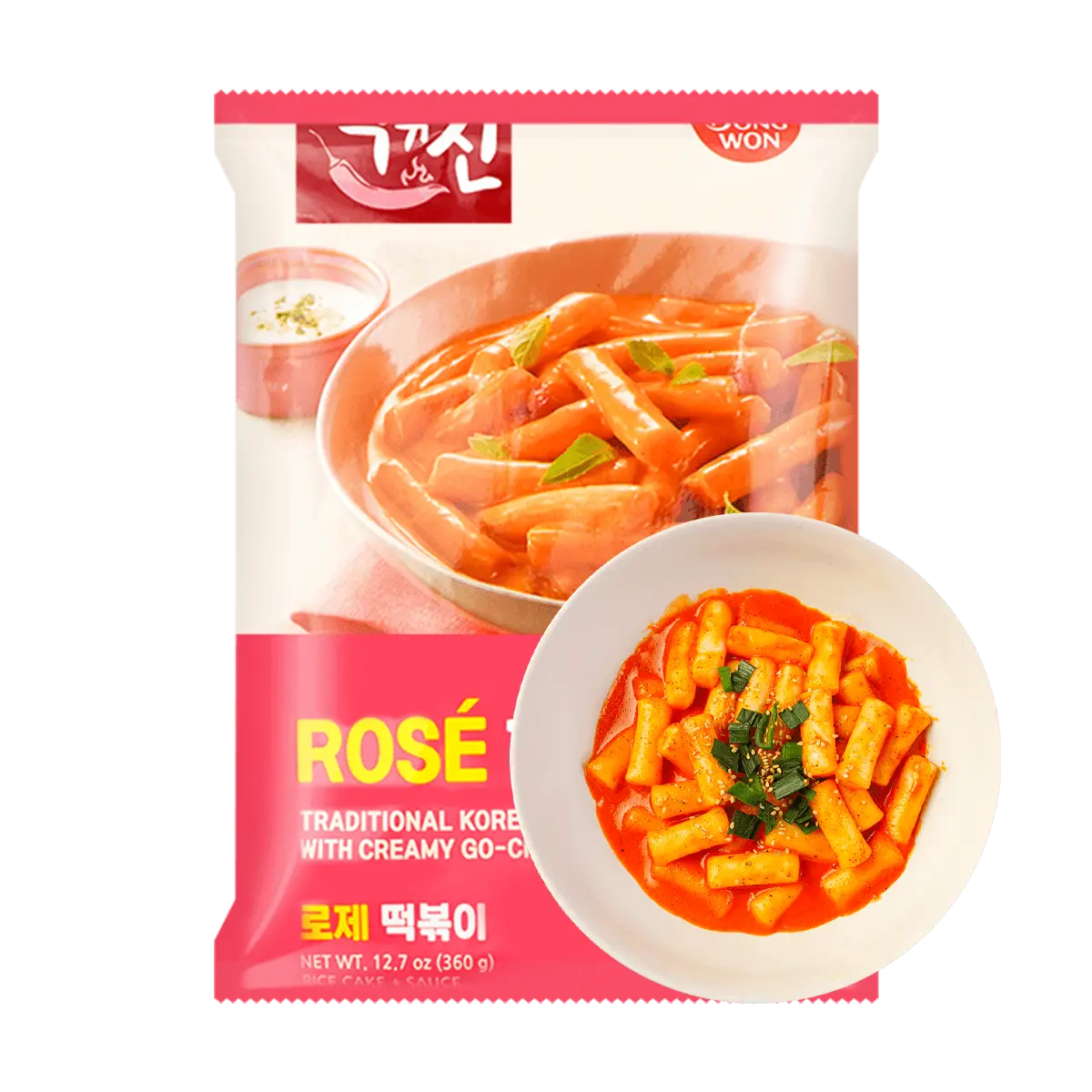 DONGWON Instant Stir-fried Tteokbokki (Rice Cake) with Spicy Rose (Tomota Cream) Sauce, 12.70 oz