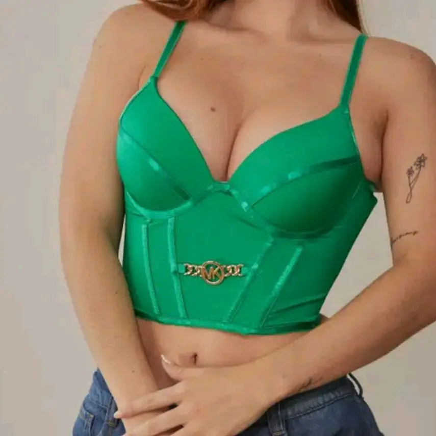 Green Satin Corset Top with Gold Logo Buckle and Spaghetti Straps for Women