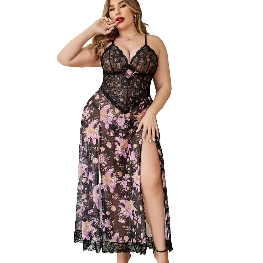 Avidlove Plus Size Lingerie For Women Nightdress Strappy Sleepwear Side Slits
