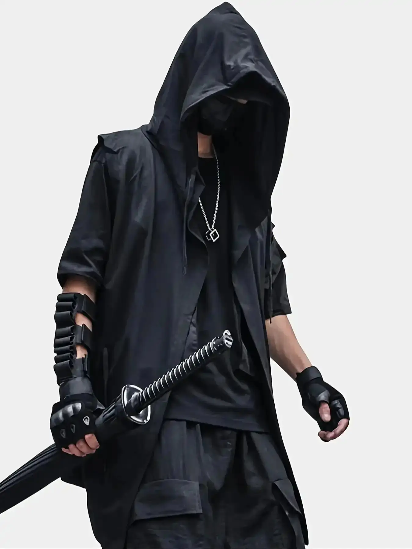 Men's Modern Cyberpunk Ninja Hooded Vest – Black Streetwear for Futuristic Looks & Edgy Cosplay, gift for friend, must have, perfect gift, chic style, gift for friend, must have, perfect gift