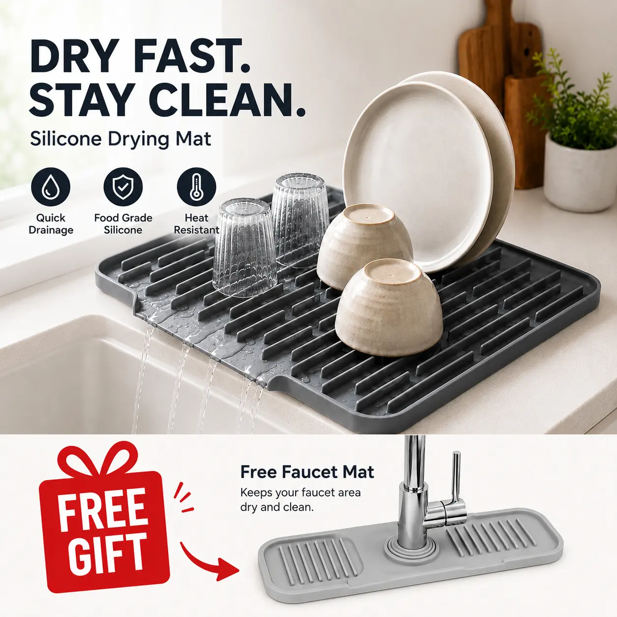 2-Piece Silicone Kitchen Drying Mat Set, Dish Drying Mat with Built-In Drain Lip & Faucet Splash Guard Mat, Heat-Resistant, Leakproof, Non-Slip, Quick-Drain and Easy to Clean，Practical Gift for Housewarming, Mother’s Day and Christmas