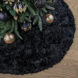 Faux Fur Large Luxury Thick Plush Christmas Tree Skirt with Snowflake Sequin Xmas Holiday Decorations Ornaments Black 36 Inch