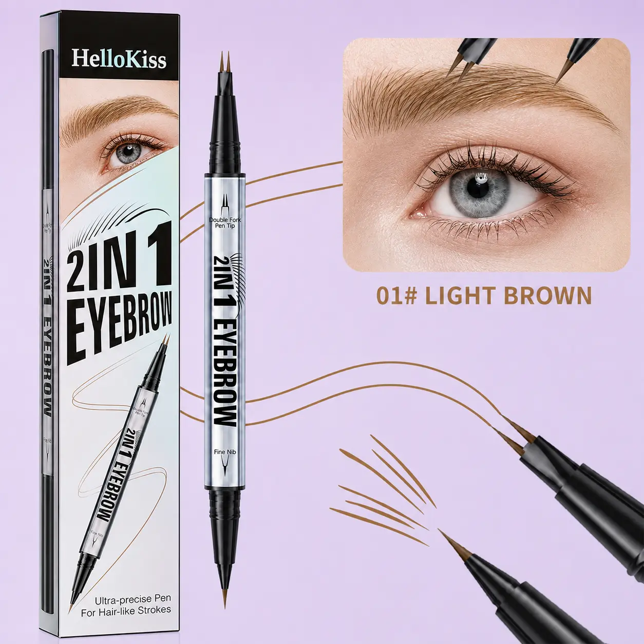HelloKiss 2-in-1 Dual-Tip Eyebrow Pen, Ultra-Precise Hair-Like Strokes, Waterproof Long-Wearing, Natural Brow Makeup for Beginners, All Skin Types, Dark Brown
