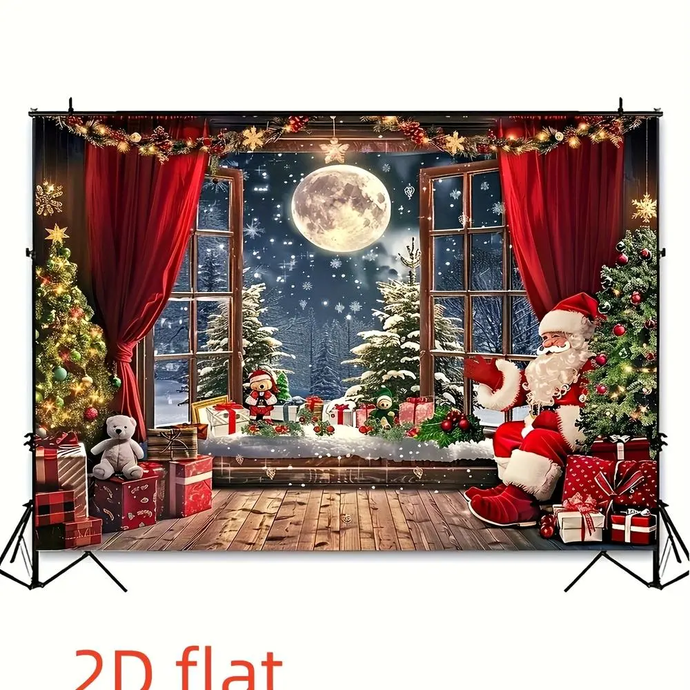 1pc Glam Soft Durable Polyester 2D Flat Santa Claus & Christmas Tree Indoor Flat Backdrop - Snowy Forest Banner, Red Decorative Curtains for Festive Home Use, Photography