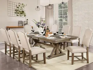 Julia Rustic 9-Piece Dining Set with Trestle Table and Nailhead Trim Upholstered Chairs – Perfect for Farmhouse Elegance