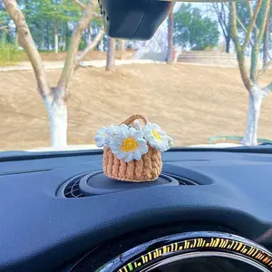 Handmade Cotton Crochet Daisy Bouquet with Basket - Knitted Artificial Flower Arrangement, Car Accessory, Hanging Rearview Mirror Dashboard Decor, Indoor Gift