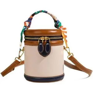 Retro Bucket Bag Female PU Leather Color Contrast Cylinder  Round Bag Handle Handbag Purse