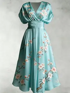 Vintage Floral Print V Neck Bubble Sleeve Waist Cinched Maxi Dress Womenswear, Elegant Vacation Style Long Dress for Spring Summer