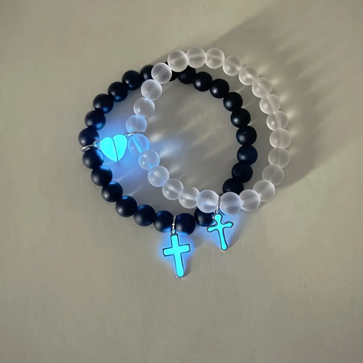 2-Pack Luminous Beaded Couple Bracelet - Glow in the Dark Matching Black Clear Bracelet Jewelry for Couples, Adjustable Long Distance Love Gift for Him & Her ,BFF Husband Wife