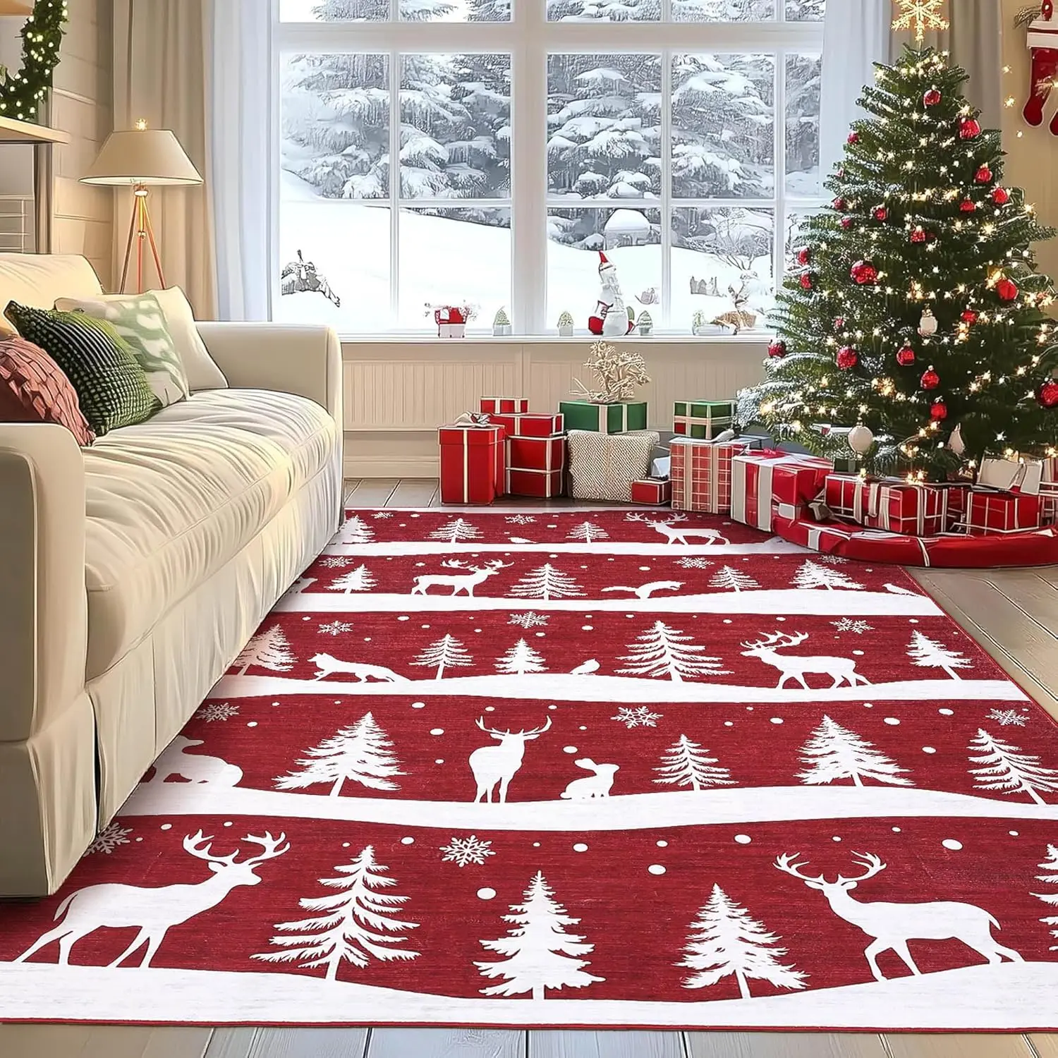 6x9 Area Rugs for Living Room, Christmas Rugs with Xmas Tree Reindeer Snowflake for Holiday Decor, Non Slip Low Pile Washable Rug for Dining Room, Bedroom, Red