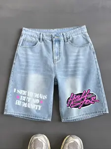 Men's Colorblock Letter Print Denim Shorts, Casual Loose Fit Distressed Shorts for Summer, Fashion Men's Bottoms for Daily Wear, Cotton, Graphic Shorts
