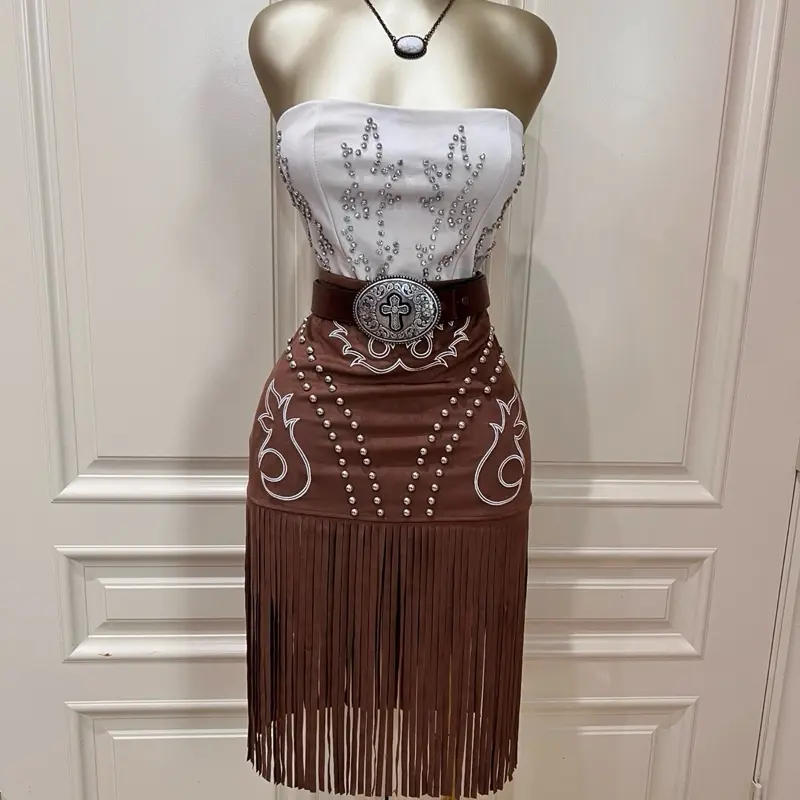Roselyn Stretch Suede Fringe Hem Skirt