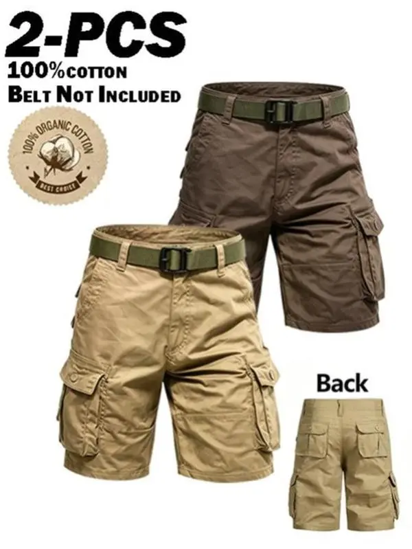 2-PCS100% Cotton Men's Cargo Shorts, 2 Packs Casual Multi-Pocket Work Shorts, Loose Fit Breathable Outdoor Tactical Shorts for Daily Wear, Hiking Travel Summer Bottoms, Durable Soft Organic Cotton Knee Length Short Pants with Large Side Pockets