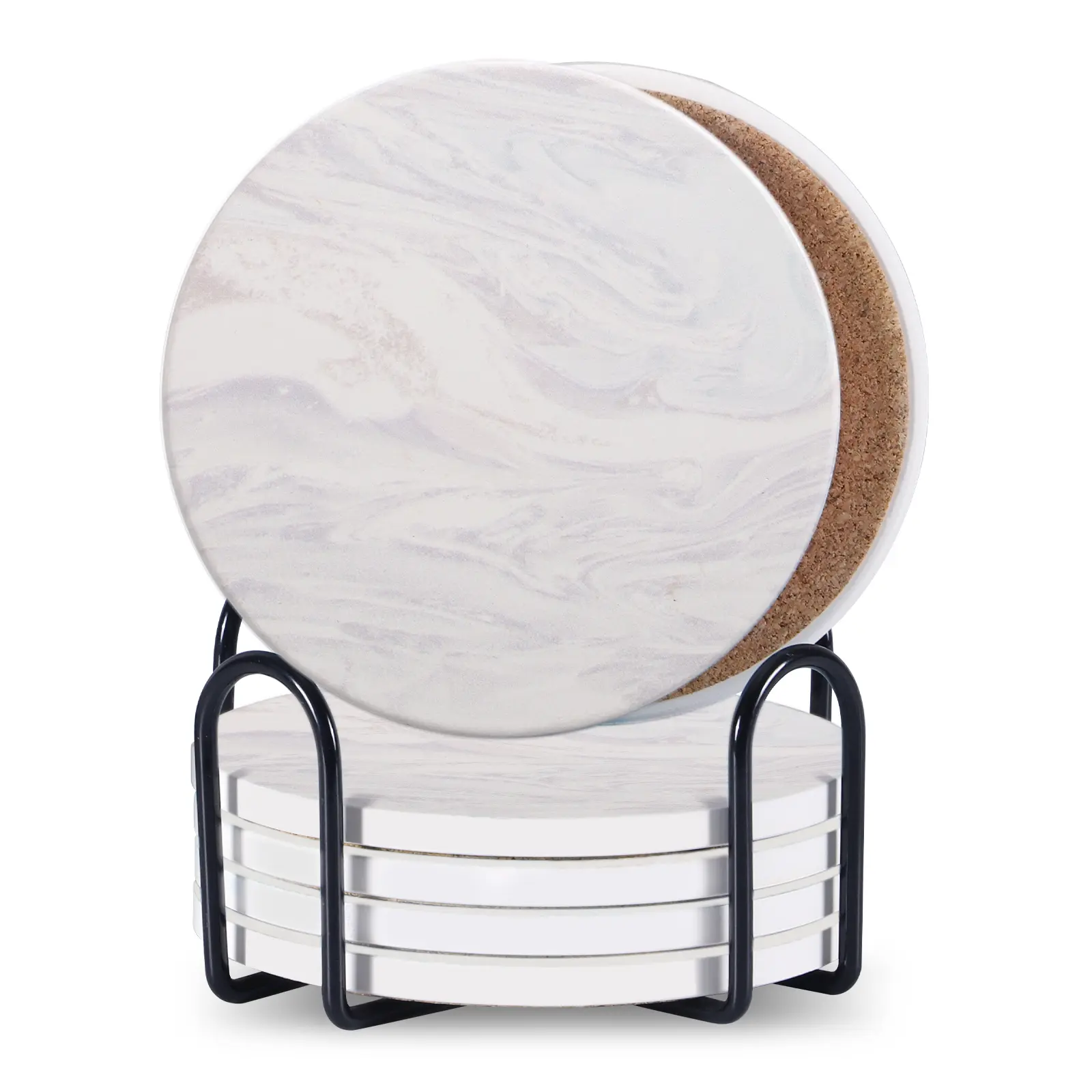6-Pack Absorbent Ceramic Drink Coasters with Holder, Marble-Style 4-in Home Decor Tableware Accessory, Ideal for Wooden Tables & Coffee Cups