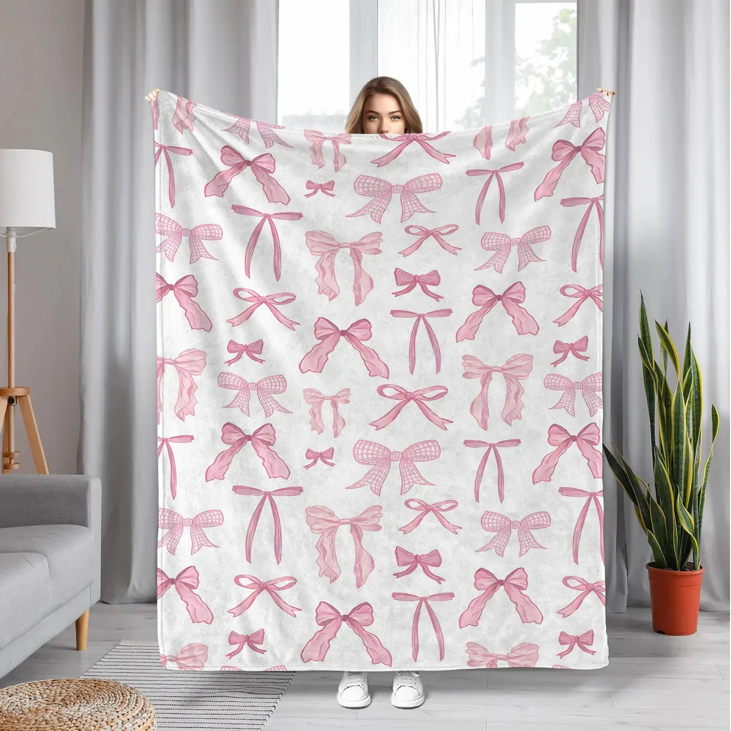 Pink Bow Watercolor Flannel Blanket - Ultra-Soft Breathable Plush Throw, Multi-Size All-Season Cozy Gift for Girly Style Lovers