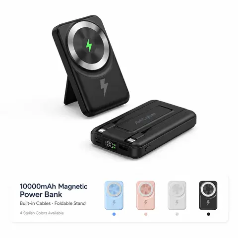 ARTCYBER 10000mAh Compact Wireless Power Bank, Up to 5 Devices Simultaneously, 2 Built-In Charging Cables, 2 Wired Output Ports, Wireless Charging, LED Battery Display and Foldable Phone Stand for Travel and Daily Use