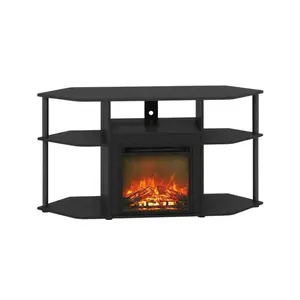 Brown open storage corner fireplace TV stand, 55-inch TVs, wood, veneer finish