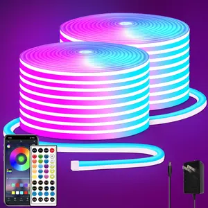 RGB LED neon Rope Lights LED neon Lights with Remote/APP Control 24V IP65 Waterproof Flexible Neon LED Strip Lights for Bedroom Room Outdoors Decor（2 Rolls of 50ft）