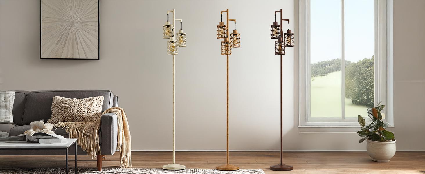 70" Farmhouse Dimmable Floor Lamp, Walnut Brown Industrial Metal Cage Standing Lamp with 3 LED Bulbs, Stepless Dimming Tall Tree Lamp for Living Room, Bedroom, Office, Corner