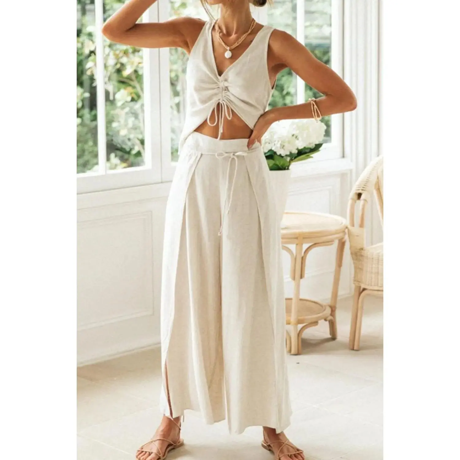 Drawstring V-Neck Tank and Pants Set
