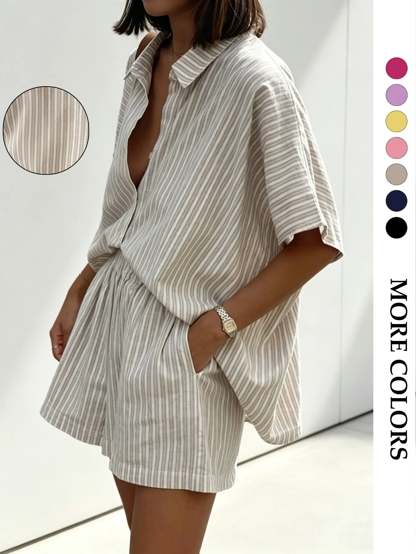 Women's French Casual Chic Striped Set, Breathable Cotton Linen Loose Half Sleeve Top + Shorts, Daily for All Seasons Womenswear Clothes