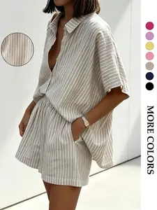 Women's French Casual Chic Striped Set, Breathable Cotton Linen Loose Half Sleeve Top + Shorts, Daily for All Seasons Womenswear