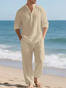 Men's New Linen Style Set, Henry Neck Button Long Sleeve Top + Loose Pants Two-Piece, Breathable Comfort, Casual All-Season Wear