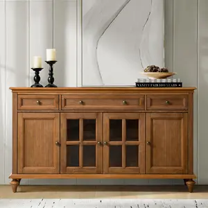 HULALA HOME Furniture Traditional Sideboard Buffet Cabinet with 3 Drawers and 4 Doors, Large Storage Cabinet with Solid Wood Legs and Shelves, Wooden Buffet Table for Kitchen, Dining Room, Living Room, Entryway