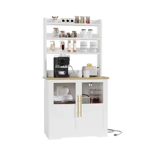 【GARVEE】Microwave Stand & Coffee Bar Cabinet | 6-Tier Kitchen Bakers Rack with Storage, Power Outlet, and Glass Doors | Freestanding Tall Wooden Hutch for Dining Room Organization