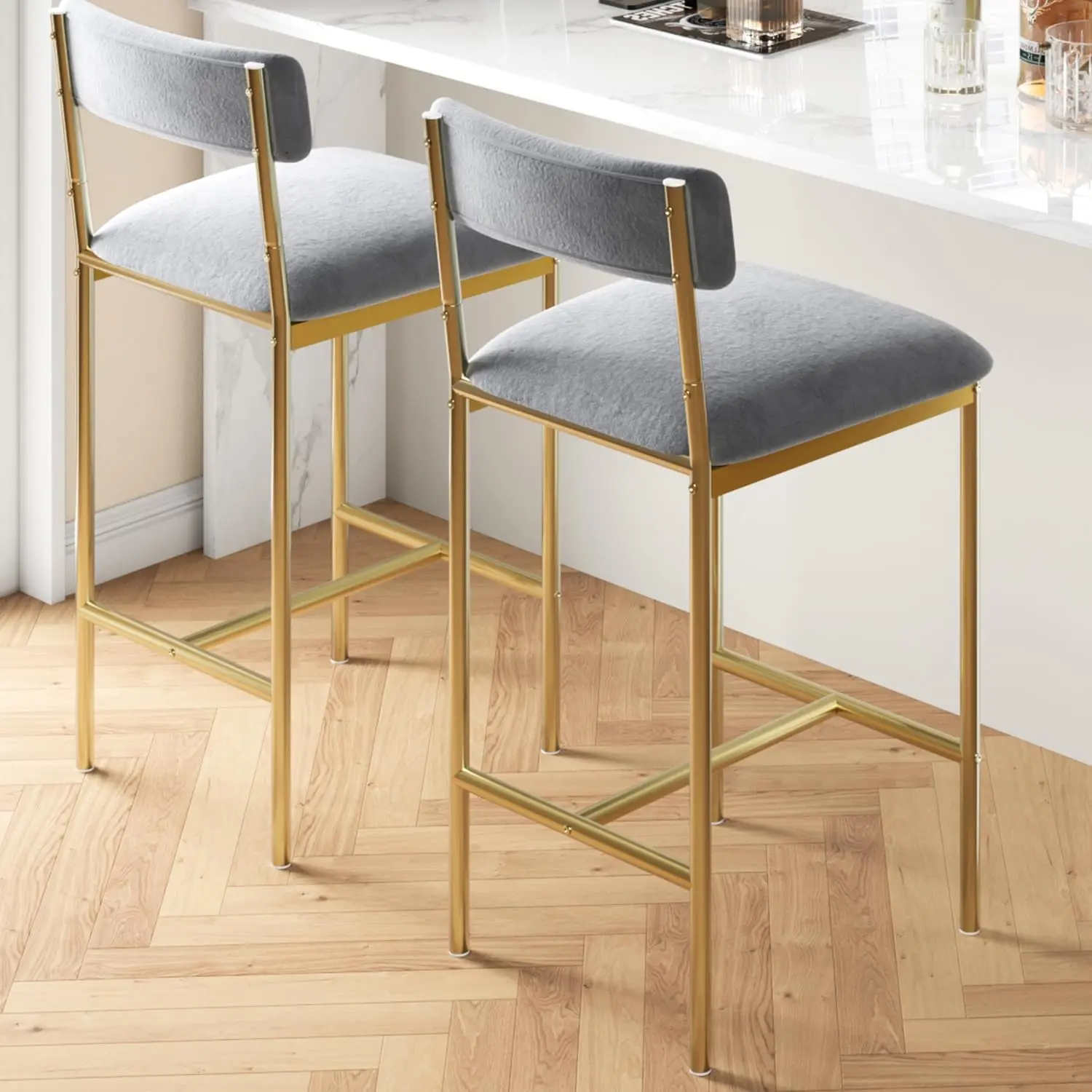 Bar Stools Set of 2, Counter Height Bar Stools with Back & Upholstered Wider Seat, 25.5" Kitchen Barstools with Footrest for Kitchen Island, Bars Counter, Easy Assembly, Gold & Gray