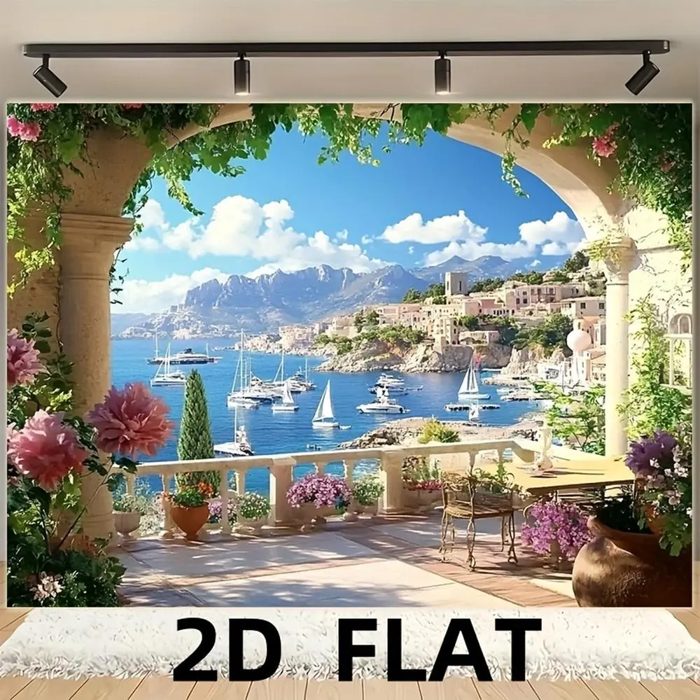 1pc 2D Flat Mediterranean Coastal City Spring Themed Photography Backdrop, Large Polyester Material Cloth, Ideal for Holiday Parties & Studio Props, Versatile Indoor/Outdoor Textile for Home Decor