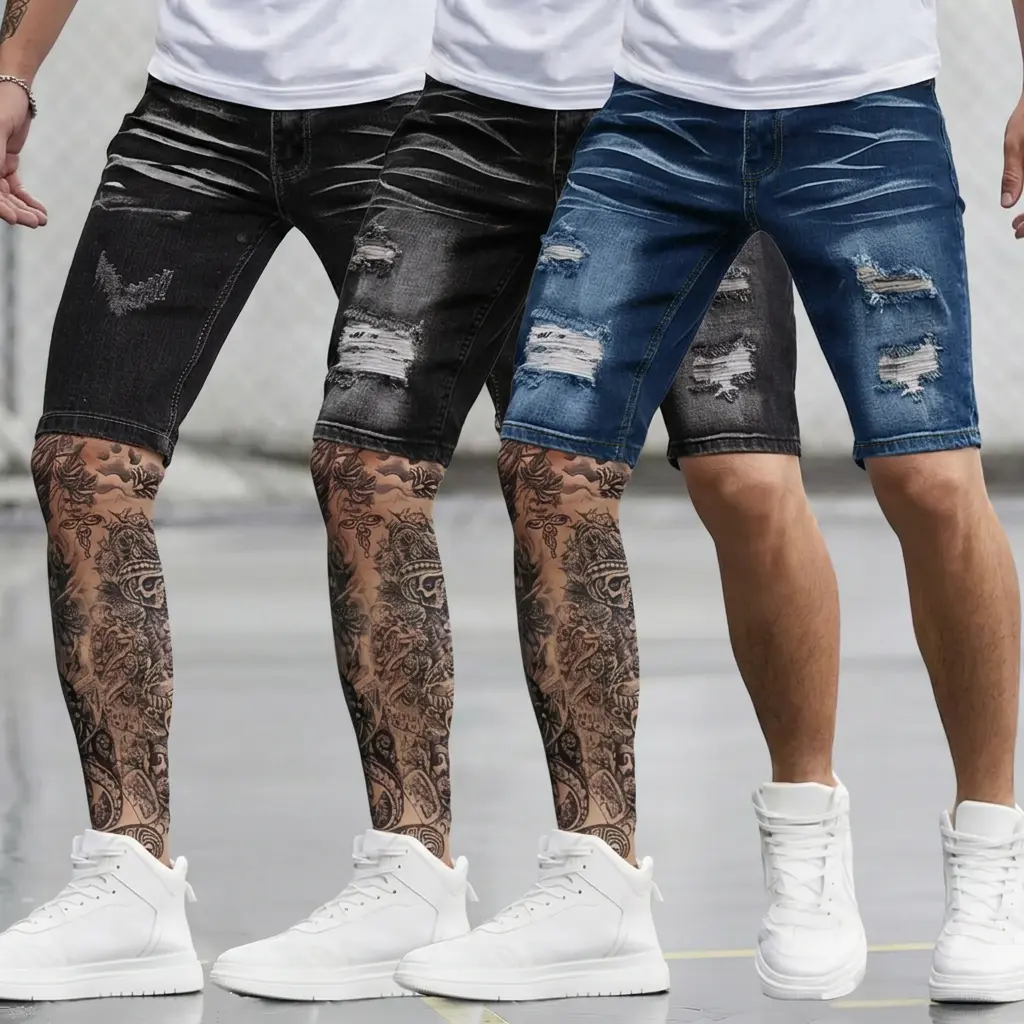 Men's 3-Pack Knee-Length Denim Jean Shorts - Slim-Fitted Cut, Distressed Wash, Breathable Cotton-Polyester Blend, Retro-Worn Finish, Natural, Old-School Vibe, Streetwear Casual Ripped Look, Short Length Men's Jeans