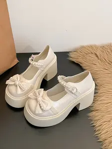 Women's PU Leather Mary Jane Shoes, Cute Academy Style, Elegant, Pearl Strap, Thick Sole, All Seasons, Random Print, Rubber Sole