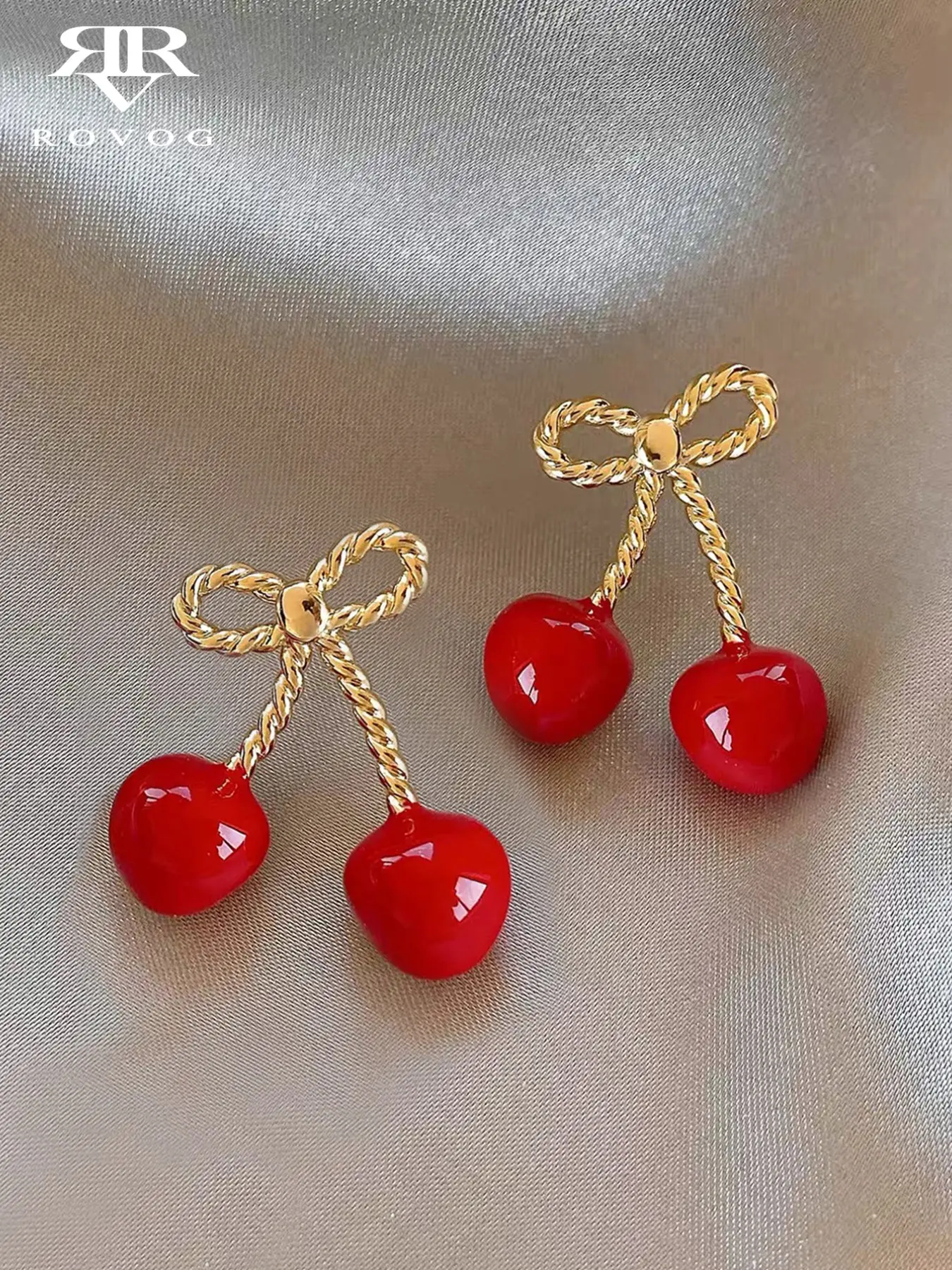 Elegant French Retro Cherry Bow Ear Studs, Unique High-End Design, Perfect for Daily Wear, Casual & Vacation, Women's Fashion Jewelry, Round Earrings, Fruit Veggie Earrings, High Quality Earrings