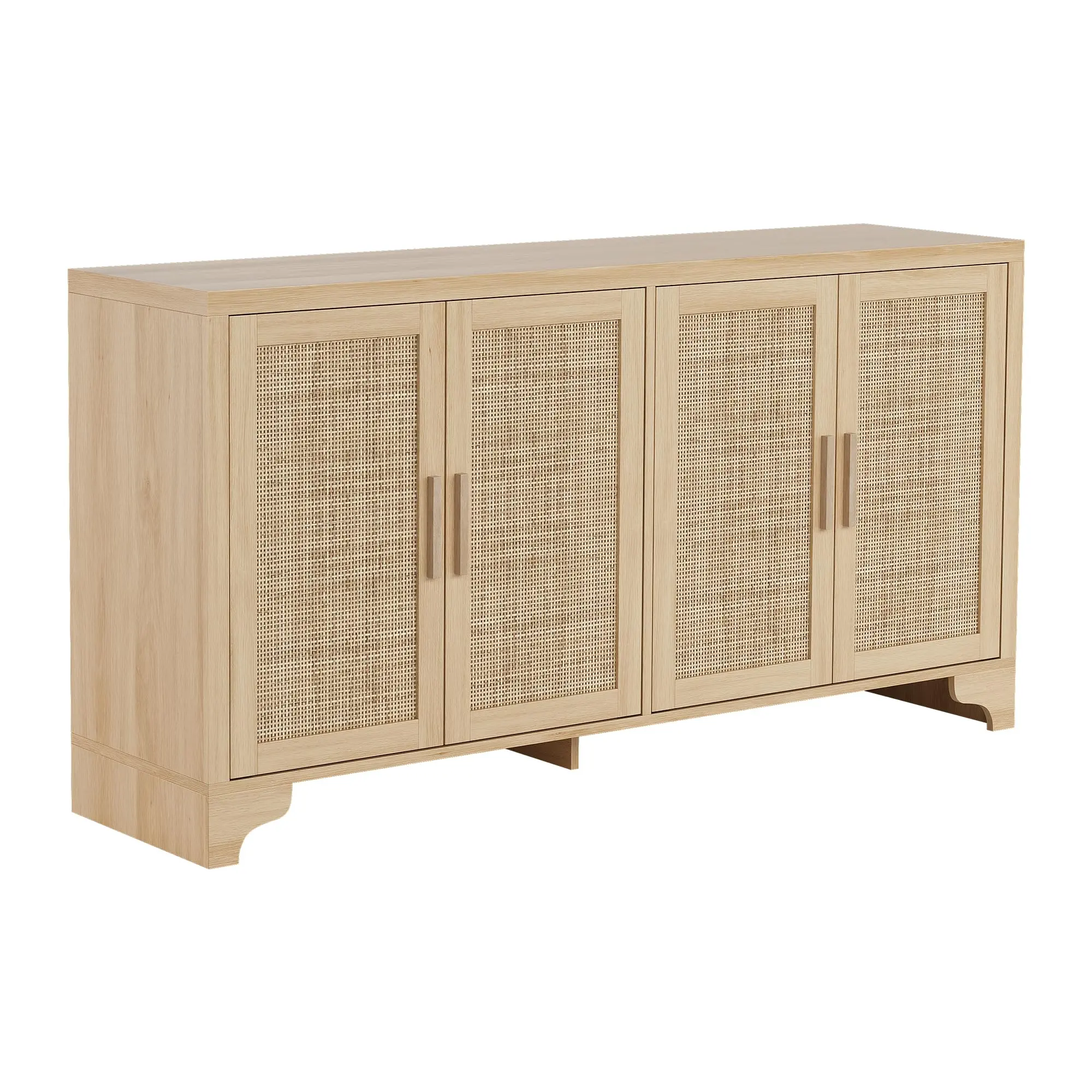 Garvee Natural Rattan Entertainment Center with Storage Cabinets, Boho Media Console Table in Farmhouse Style, Available in Natural, White, and Black, Fits TVs Up to 65'' and 70''