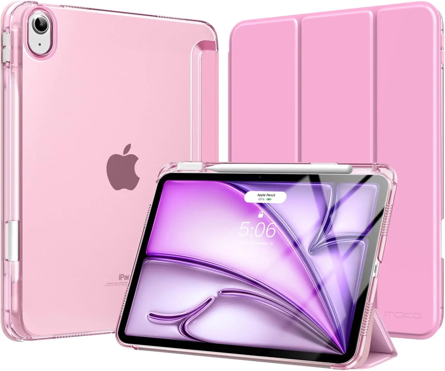 For iPad Air 11 inch Case (M4/M3/M2) 2026/2025/2024, iPad Air 5th/4th Gen 10.9 inch Case 2022/2020 with Pencil Holder, Slim Light Trifold Cover with Hard PC Translucent Back Shell, Pink