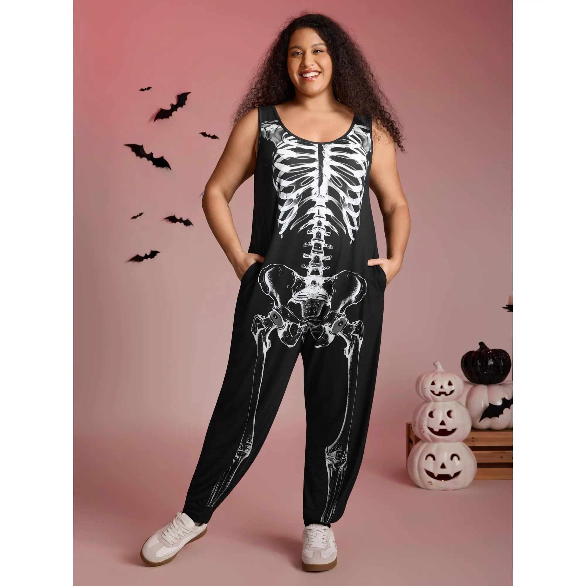 BloomChic Plus Size Graphic Jumpsuit for Women - Halloween Skeleton Print Sleeveless Romper, Soft Stretch Comfortable Fit with Pockets, Casual Party Outfit, Summer Finds, Women's Clothes, Overalls, Lightweight, Smooth, Breathable, Polyester, Spandex, Fabr