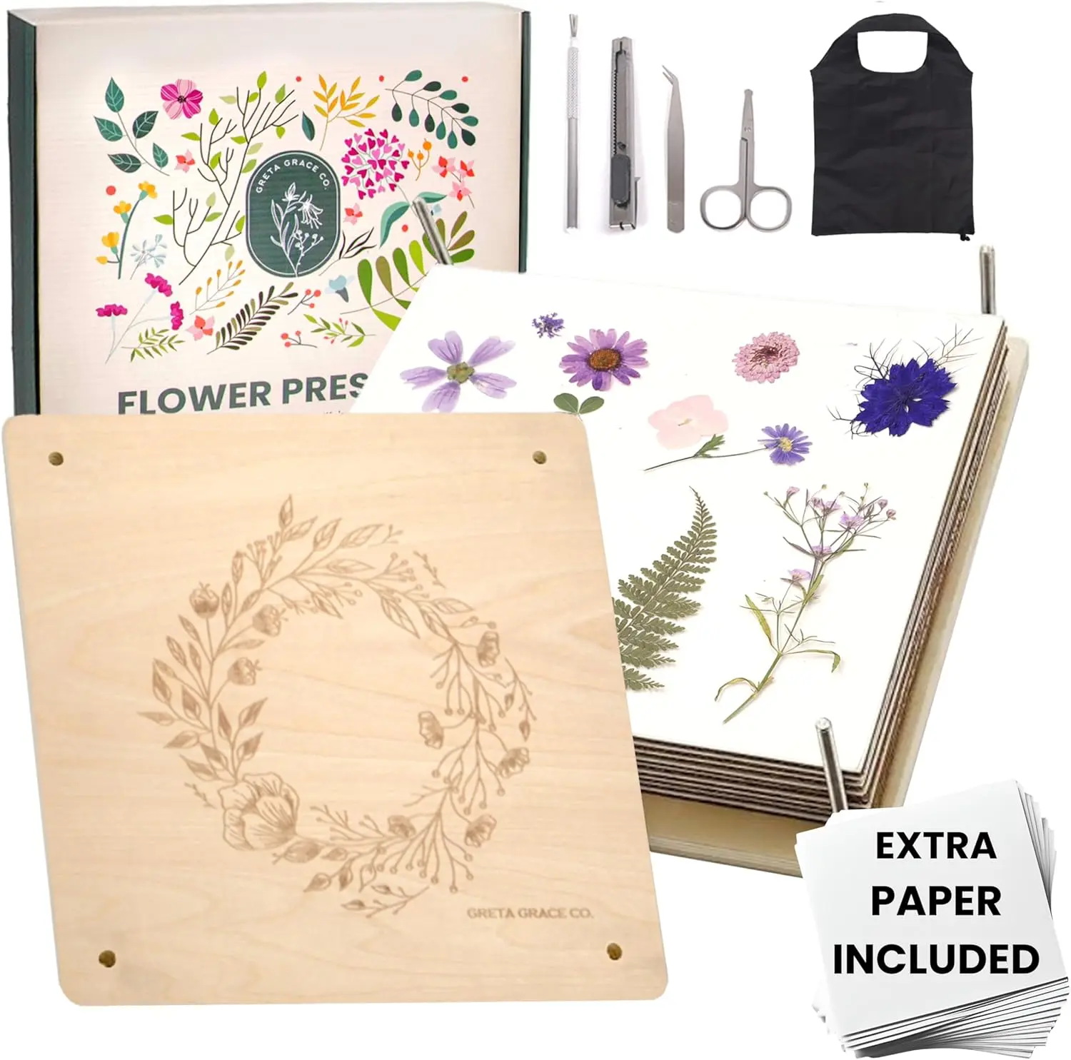Extra Large Flower Press Kit| 11x11 10 Layers Wooden Pressing Boards, Tools & Bag| Crafting Kits for Adults & Kids| DIY Pressed Flower Plant Preservation Kit| Bouquet Preservation| Great Gift