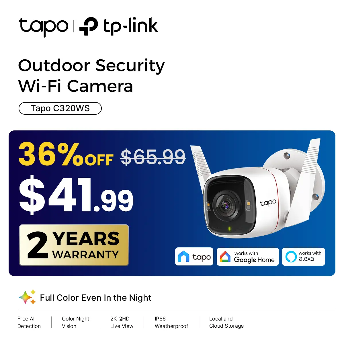 TP-Link & Tapo C320WS Outdoor Security Camera 2K QHD 4MP Starlight Color Night Vision Free AI Detection IP66 Weatherproof 512GB SD Cloud Storage Works with Alexa & Google Home - White