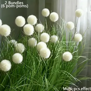 Elegant Pure Spherical Bouquets, 6 Pom-Poms = 2 Bunches of Faux Ball Grass Flowers, Plastic Floral Plant, Home Decor & Garden Arrangements